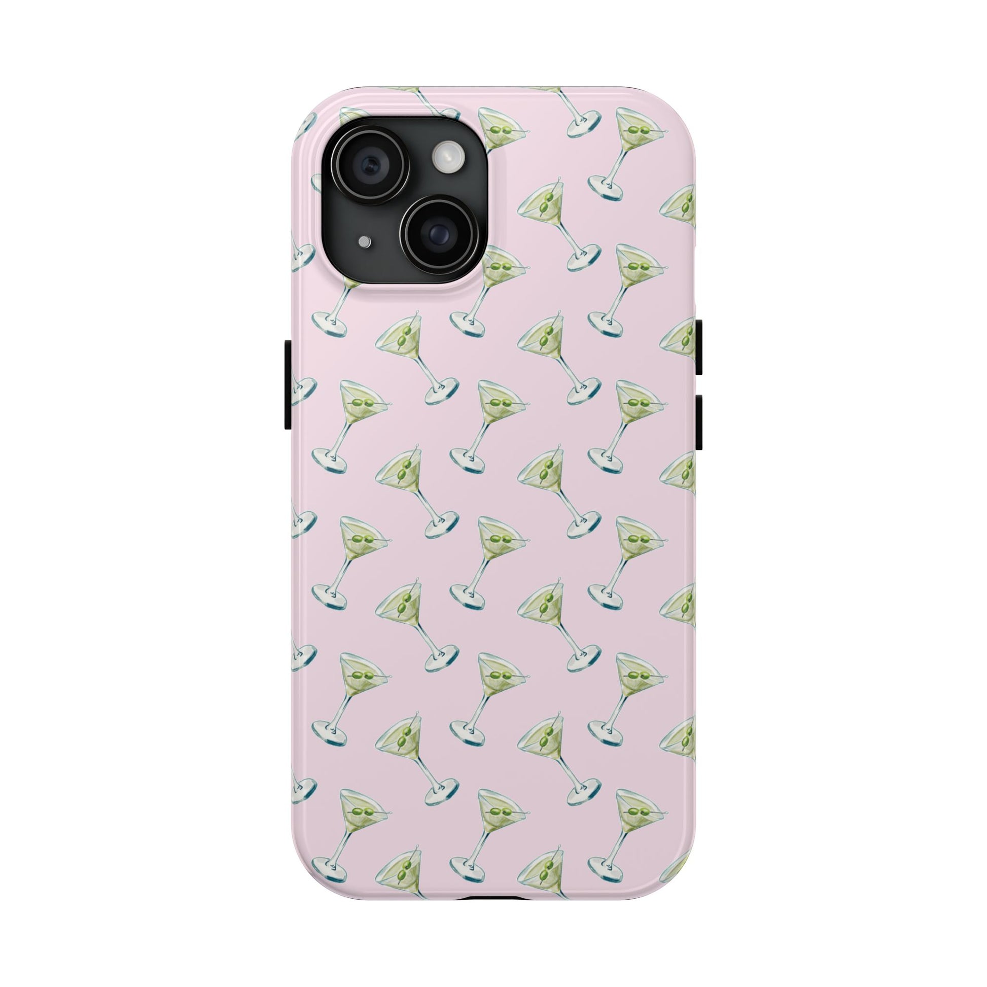 Light Pink Mini Martini Watercolor Illustrated Tossed Pattern Tough Phone Case | Various Models Available iPhone 15