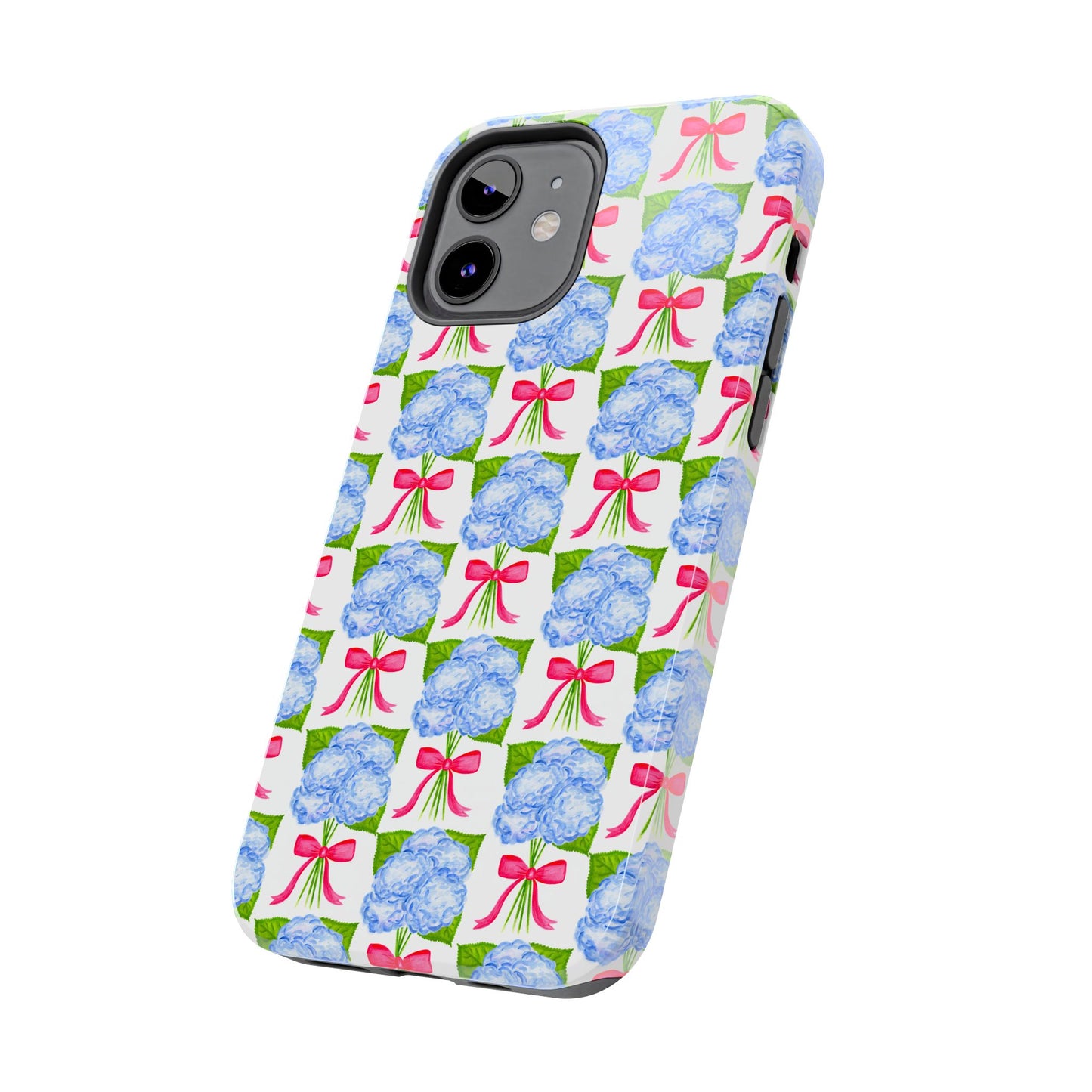 Blue Watercolor Hydrangea Bouquets with Hot Pink Bows Illustrated Patterned Tough Phone Case | Various Models