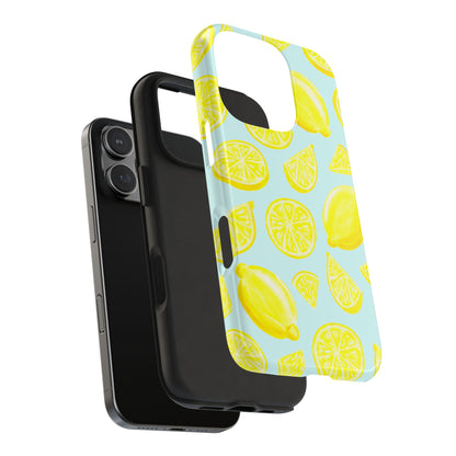 Bright Yellow Lemons Watercolor Illustrated Tossed Pattern Light Blue Tough Phone Case | Various Models