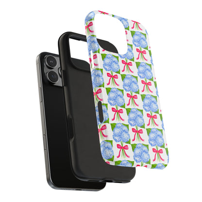 Blue Watercolor Hydrangea Bouquets with Hot Pink Bows Illustrated Patterned Tough Phone Case | Various Models