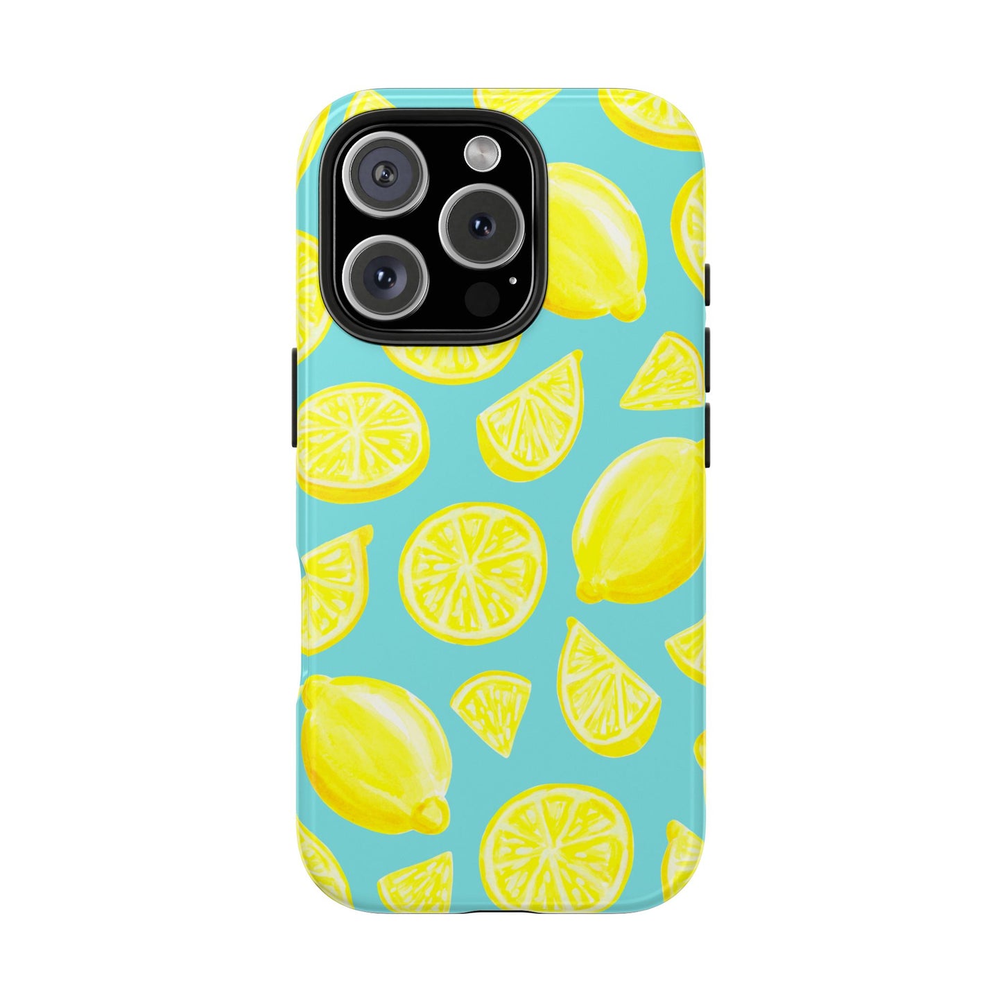 Bright Yellow Lemons Watercolor Illustrated Tossed Pattern Turquoise Blue Tough Phone Case | Various Models