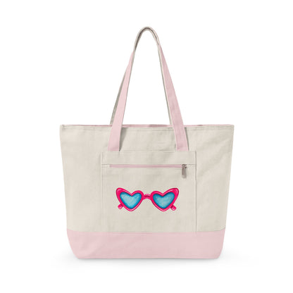 Hot Pink Heart Shaped Sunglasses Printed Zippered Canvas Tote 18" x 14" | Various Colors 18" x 14" x 4.5" Natural Light Pink