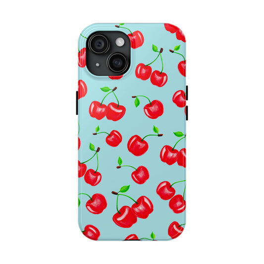 Tossed Red Watercolor Cherries Illustrated Pattern Bright Blue Tough Phone Case | Various Models iPhone 15