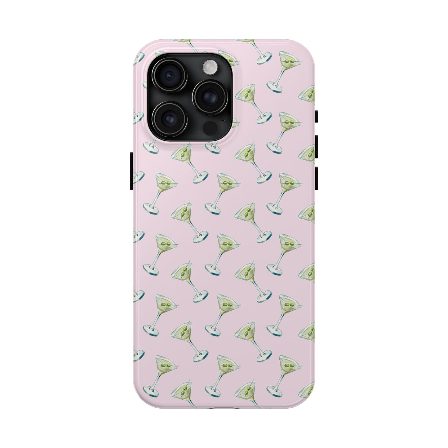Light Pink Mini Martini Watercolor Illustrated Tossed Pattern Tough Phone Case | Various Models Available iPhone 15 Pro Max