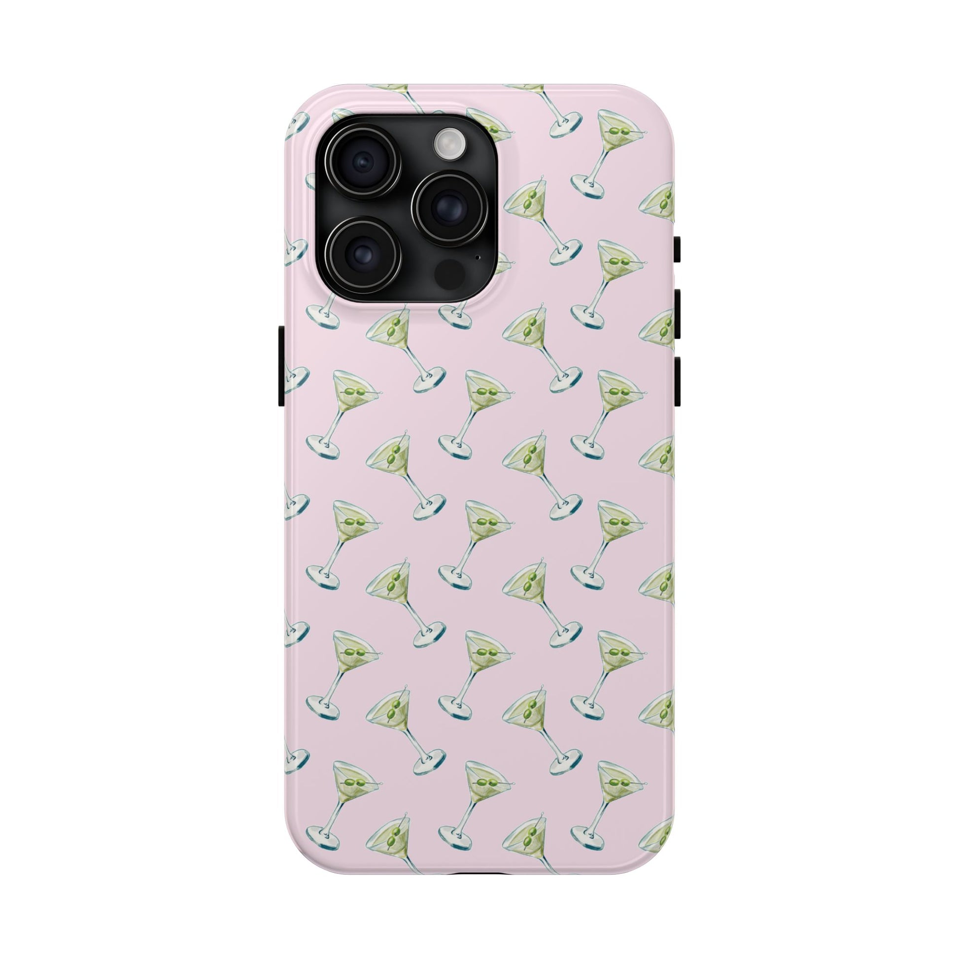 Light Pink Mini Martini Watercolor Illustrated Tossed Pattern Tough Phone Case | Various Models Available iPhone 15 Pro Max