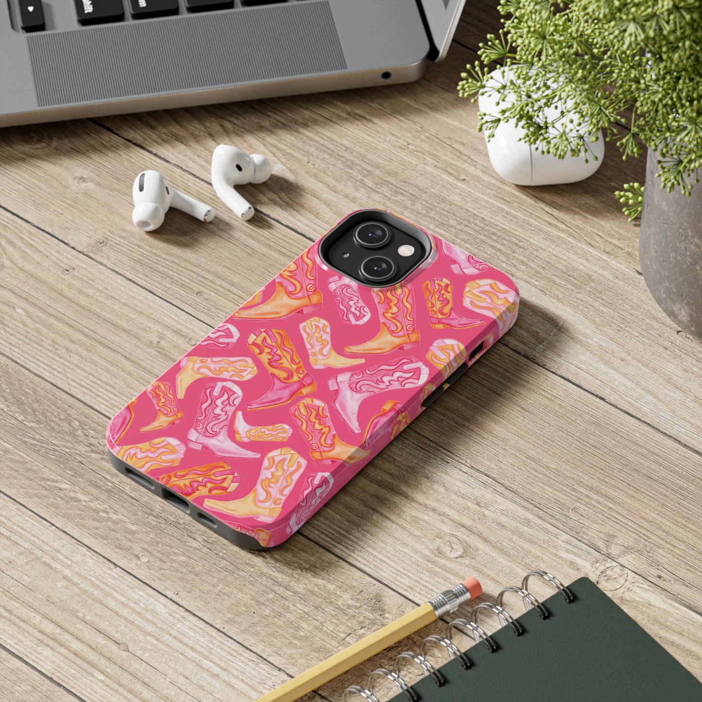Tossed Hot Pink & Orange Watercolor Cowboy Boots Hot Pink Tough Phone Cases | Various Models