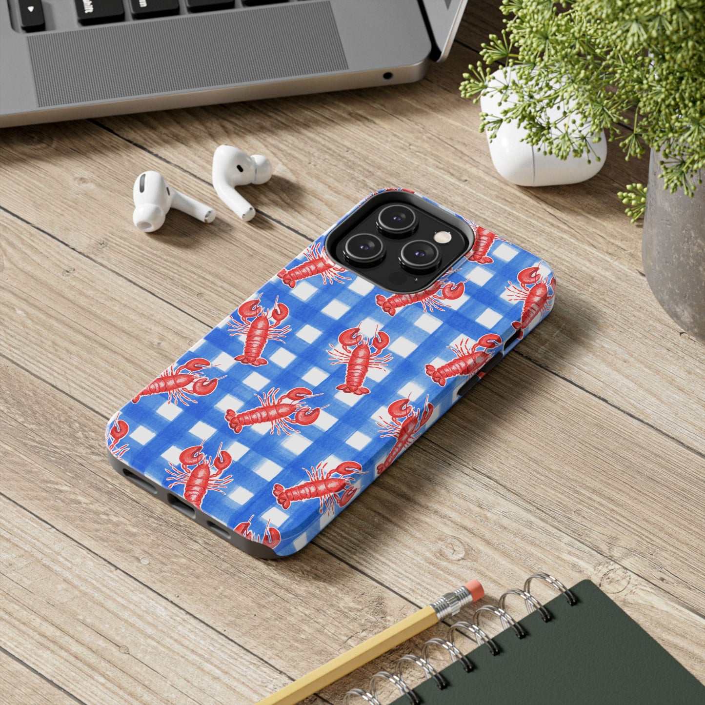 Blue Gingham Red Lobster Watercolor Patterned Phone Case | Various Models
