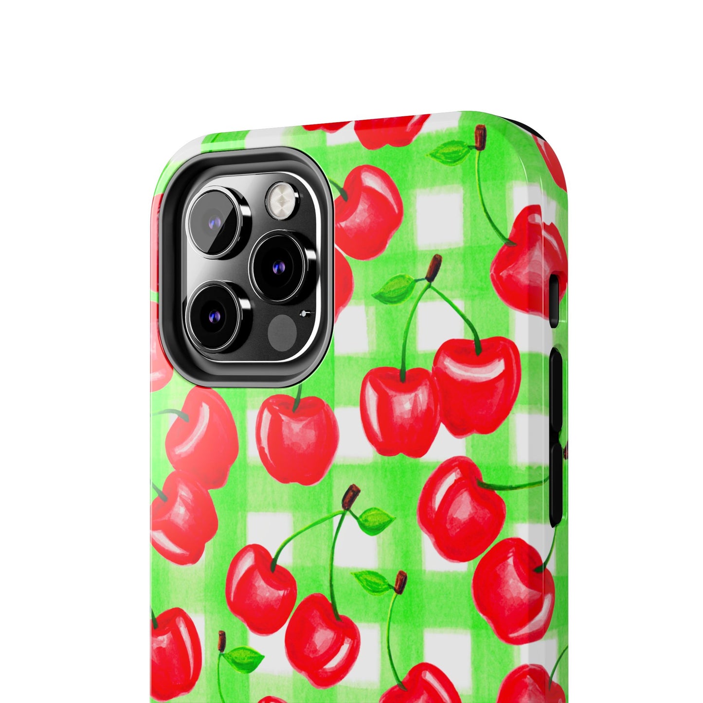Red Tossed Cherries Green Gingham Watercolor Illustrated Tough Phone Case | Various Models Available