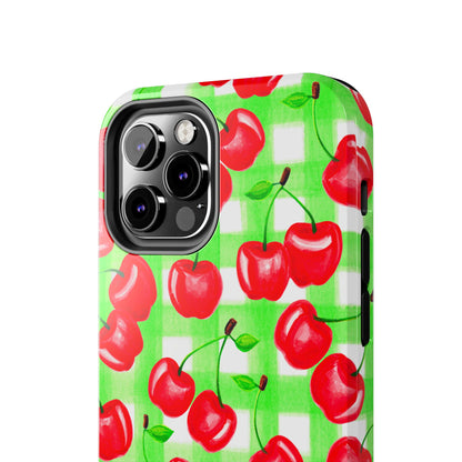 Red Tossed Cherries Green Gingham Watercolor Illustrated Tough Phone Case | Various Models Available
