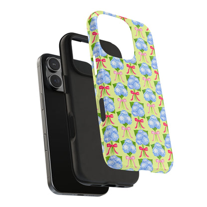 Watercolor Blue Hydrangea Bouquets with Hot Pink and Light Pink Bow Ribbons Illustrated Pattern Yellow Tough Phone Case | Various Models