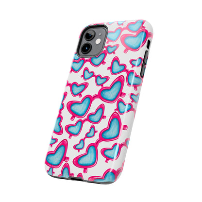 Pink & Blue Heart Shaped Sunglasses Watercolor Illustrated Tossed Pattern Tough Case | Various Models