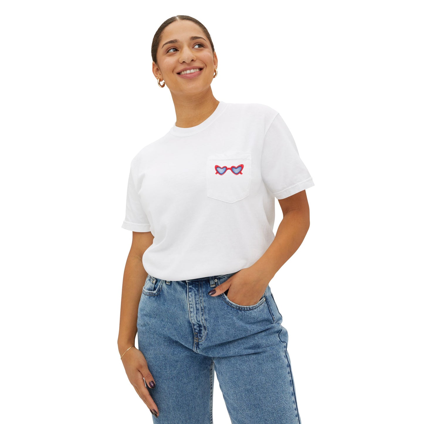 Red White & Blue Heart Shaped Glasses Printed Unisex Garment-Dyed Pocket T-Shirt