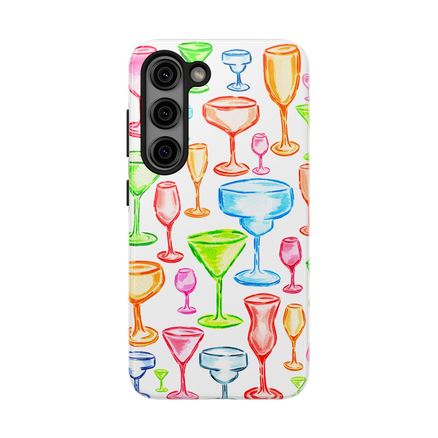 Monochromatic Margarita, Wine, Martini, and Champagne Flute Cocktail Glasses Watercolor Illustrated Tough Phone Case | Various Models Available
