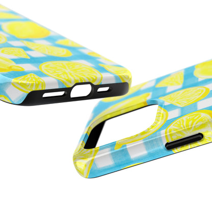 Yellow Lemons & Turquoise Gingham Watercolor Illustrated Tough Phone Case | Various Models Available