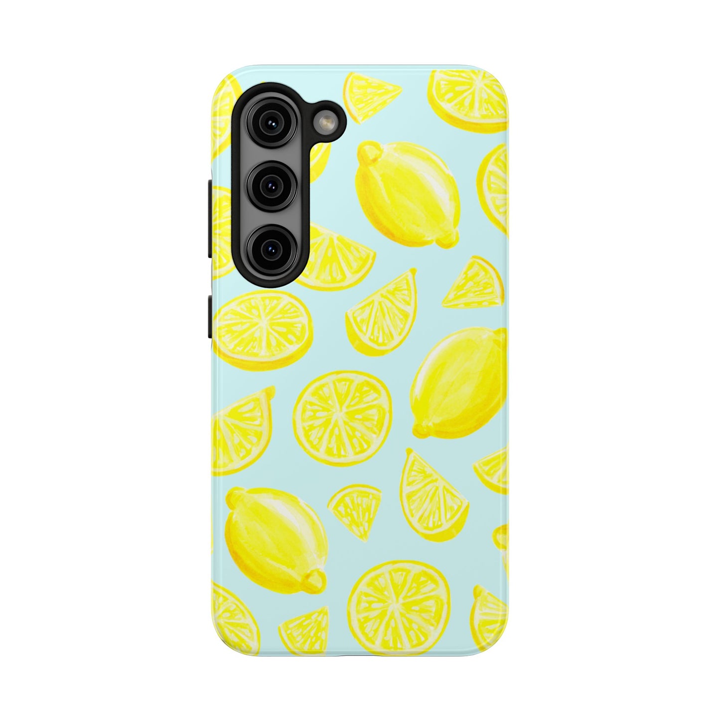 Bright Yellow Lemons Watercolor Illustrated Tossed Pattern Light Blue Tough Phone Case | Various Models