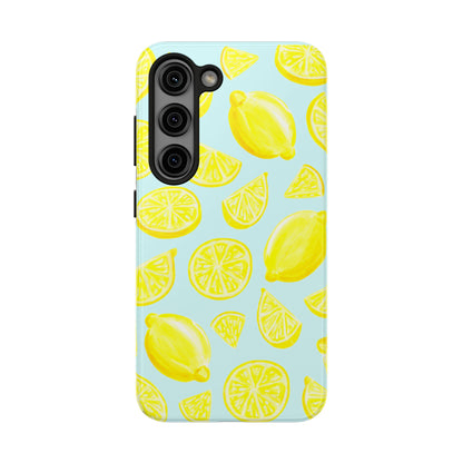 Bright Yellow Lemons Watercolor Illustrated Tossed Pattern Light Blue Tough Phone Case | Various Models