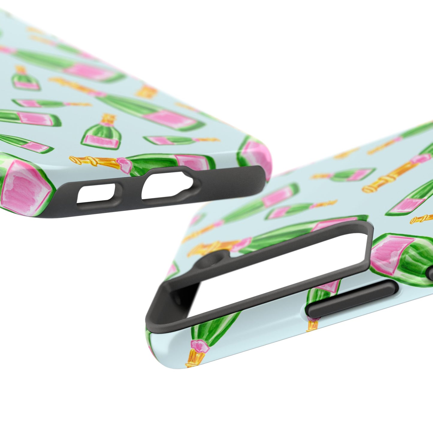 Tossed Pink and Green Watercolor Illustrated Champagne Bottles Pattern Light Blue Tough Phone Case | Various Models