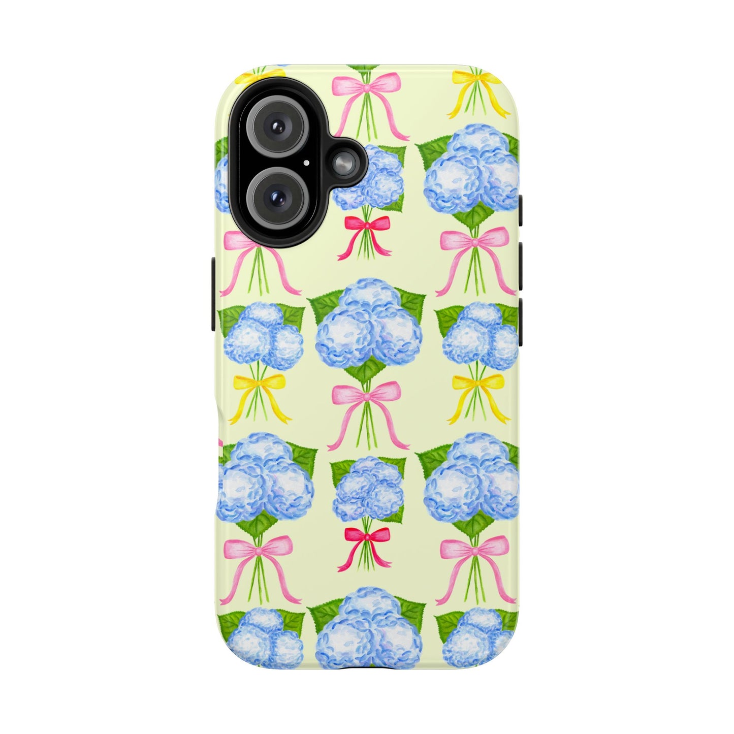 Blue Hydrangeas with Hot Pink, Yellow, Light Pink Bows Watercolor Illustrated Patterned Light Yellow Tough Phone Case | Various Models