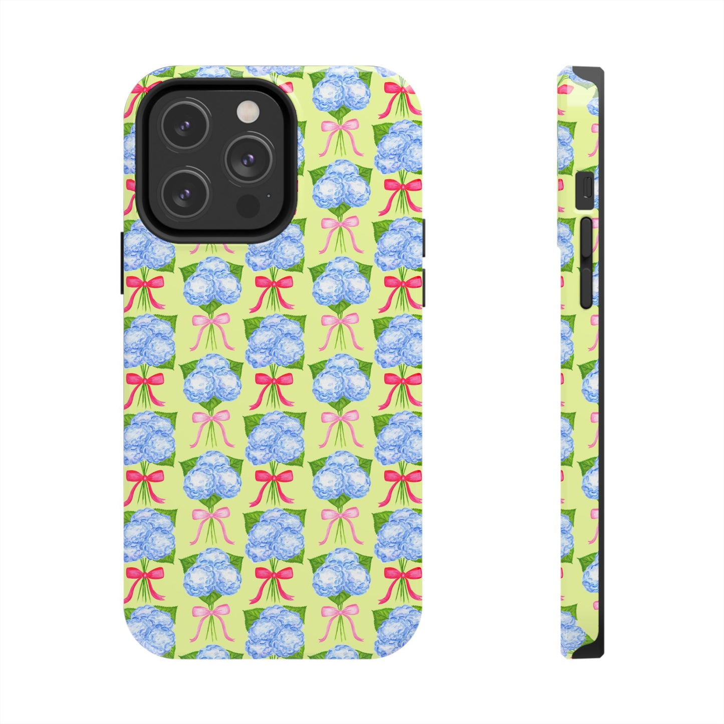 Watercolor Blue Hydrangea Bouquets with Hot Pink and Light Pink Bow Ribbons Illustrated Pattern Yellow Tough Phone Case | Various Models