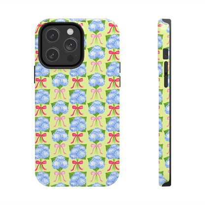 Watercolor Blue Hydrangea Bouquets with Hot Pink and Light Pink Bow Ribbons Illustrated Pattern Yellow Tough Phone Case | Various Models