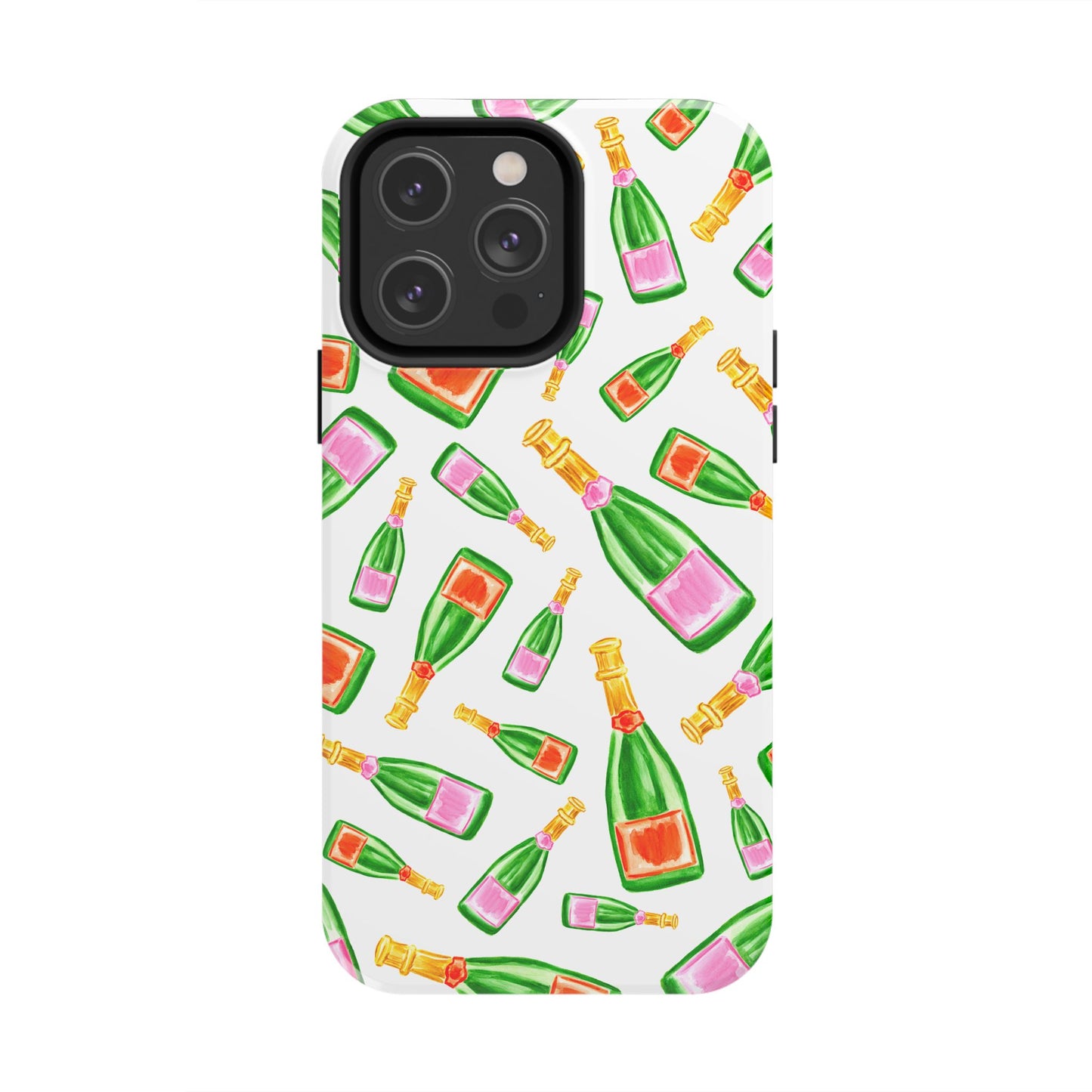 Tossed Pink and Green & Orange and Green Watercolor Illustrated Champagne Bottles Pattern Tough Phone Case | Various Models