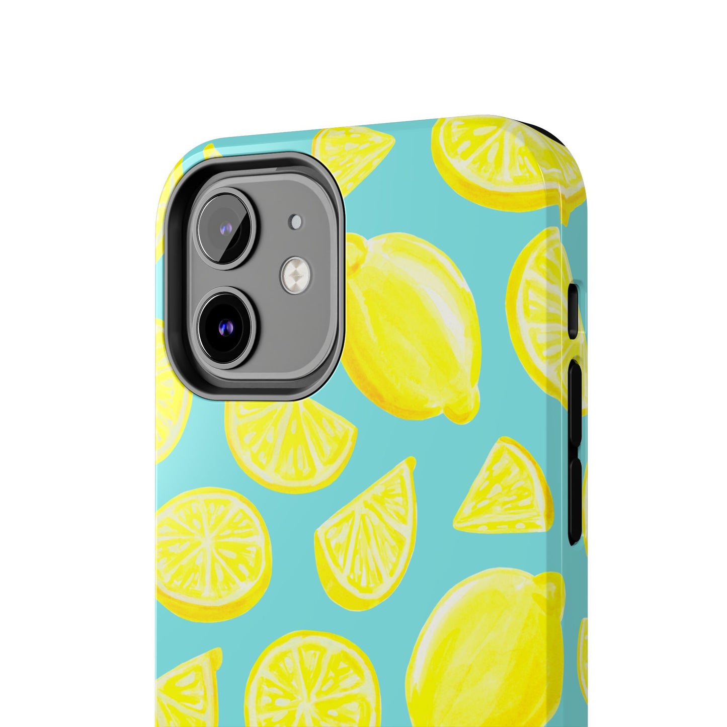 Bright Yellow Lemons Watercolor Illustrated Tossed Pattern Turquoise Blue Tough Phone Case | Various Models