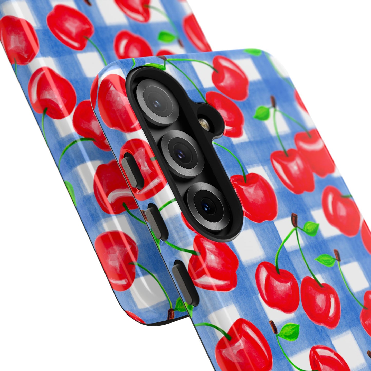 Tossed Red Cherries Blue Gingham Checkered Watercolor Illustrated Tough Phone Case | Various Models
