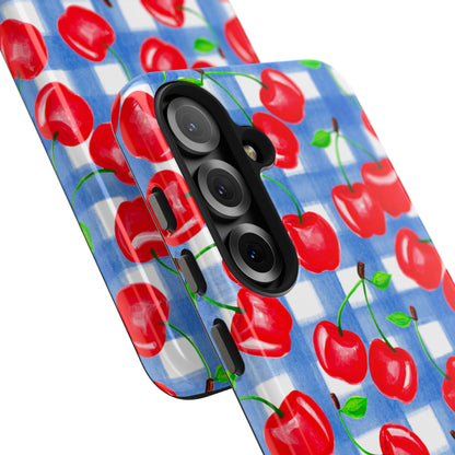 Tossed Red Cherries Blue Gingham Checkered Watercolor Illustrated Tough Phone Case | Various Models