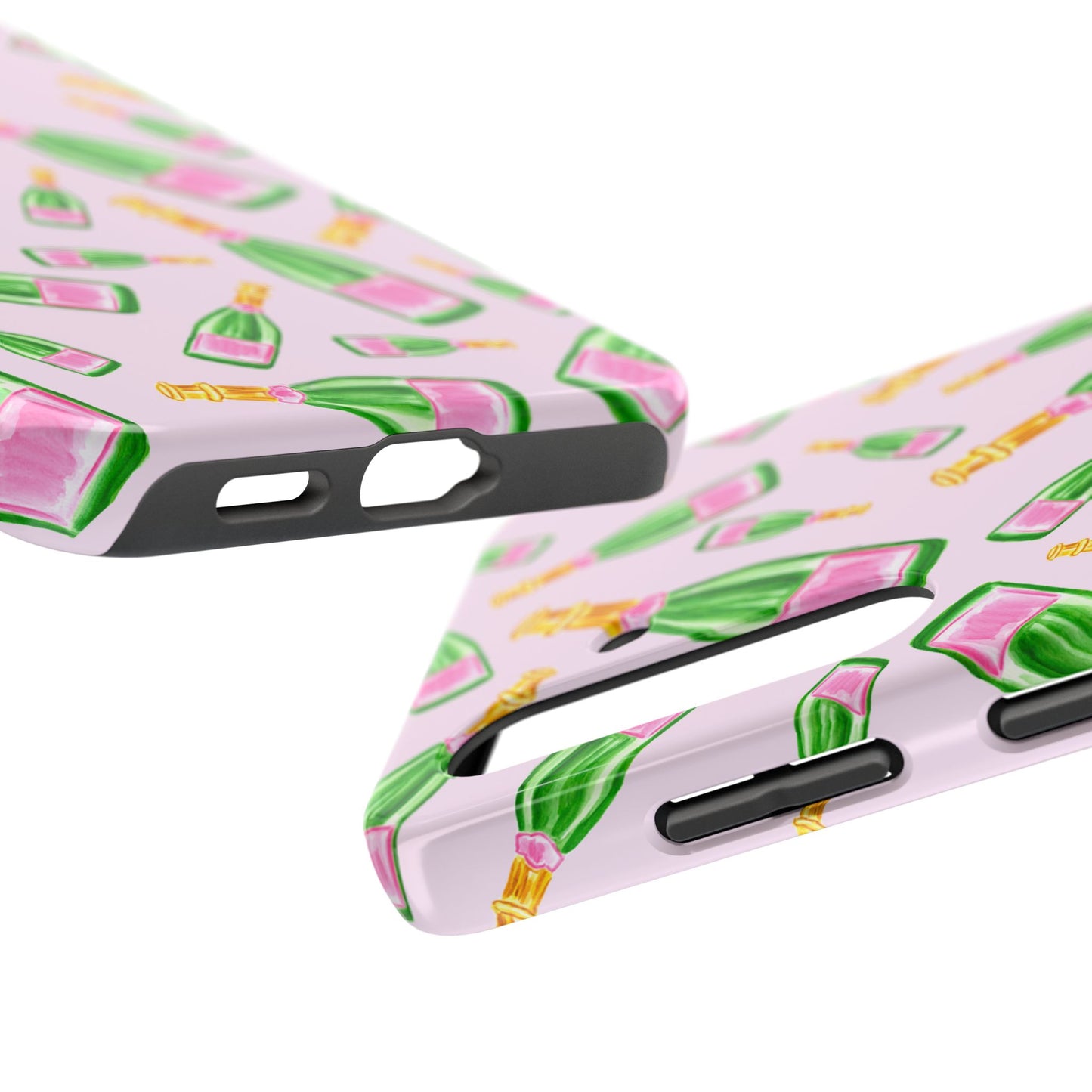 Tossed Pink and Green Watercolor Illustrated Champagne Bottles Pattern Blush Pink Tough Phone Case | Various Models