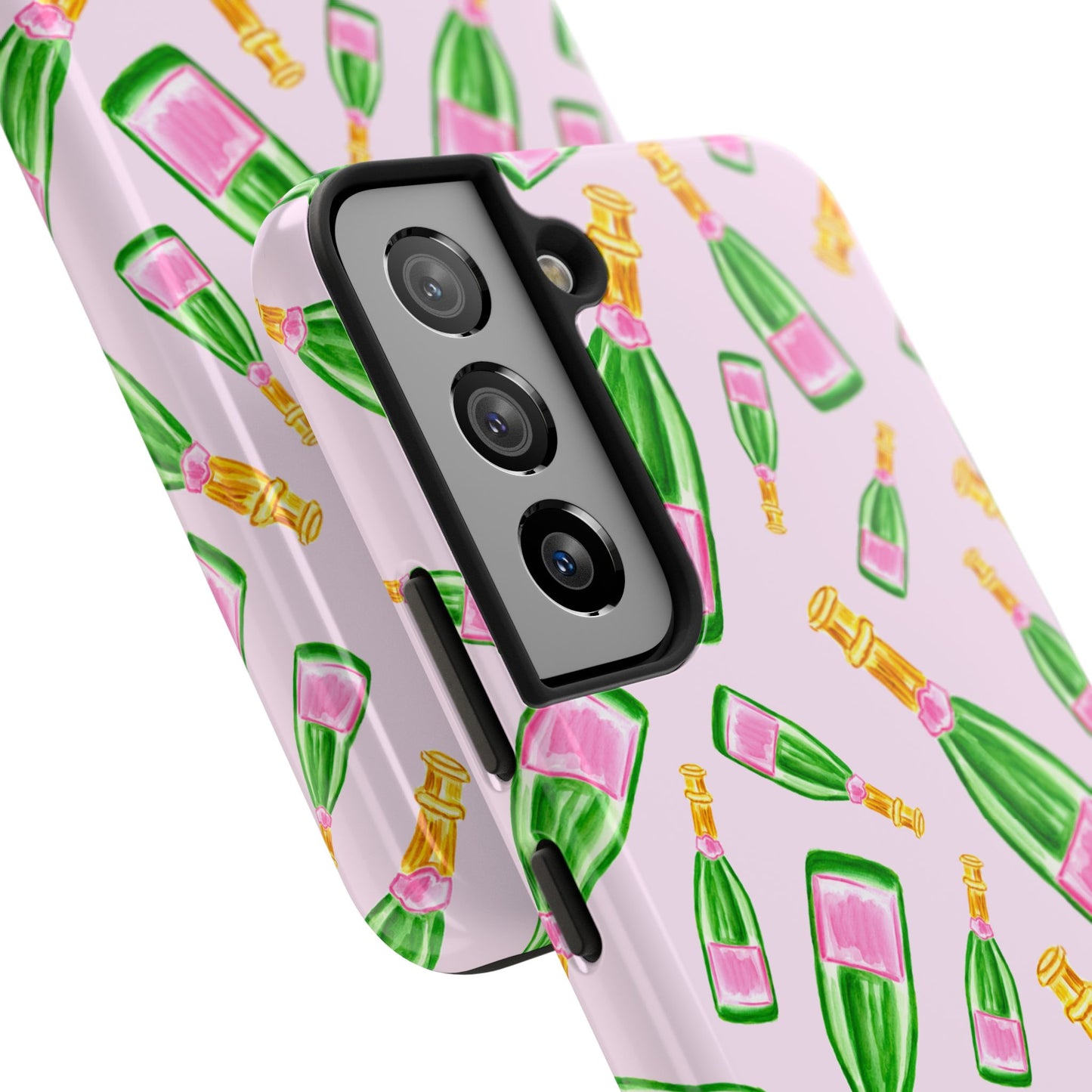 Tossed Pink and Green Watercolor Illustrated Champagne Bottles Pattern Blush Pink Tough Phone Case | Various Models