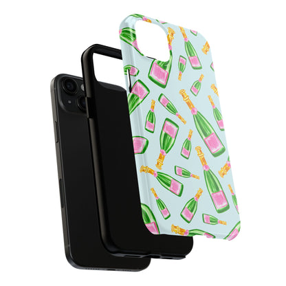 Tossed Pink and Green Watercolor Illustrated Champagne Bottles Pattern Light Blue Tough Phone Case | Various Models