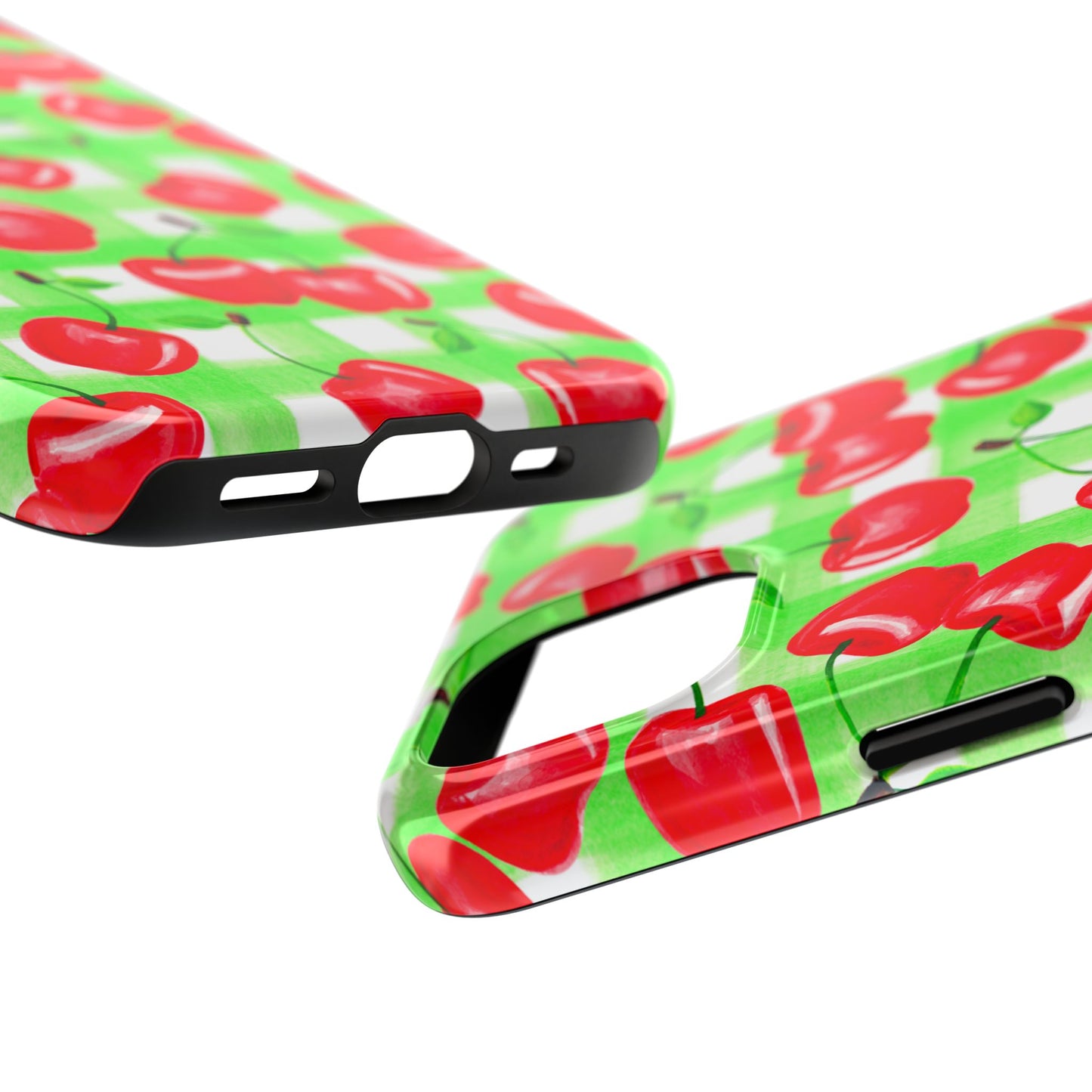 Red Tossed Cherries Green Gingham Watercolor Illustrated Tough Phone Case | Various Models Available