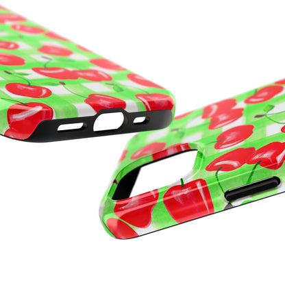 Red Tossed Cherries Green Gingham Watercolor Illustrated Tough Phone Case | Various Models Available