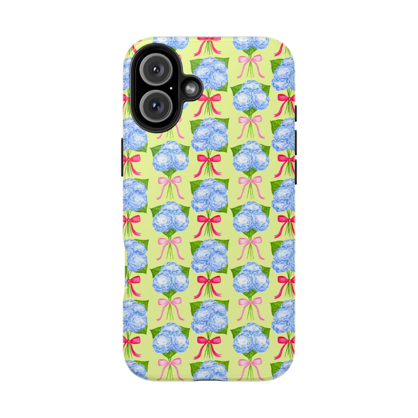 Watercolor Blue Hydrangea Bouquets with Hot Pink and Light Pink Bow Ribbons Illustrated Pattern Yellow Tough Phone Case | Various Models
