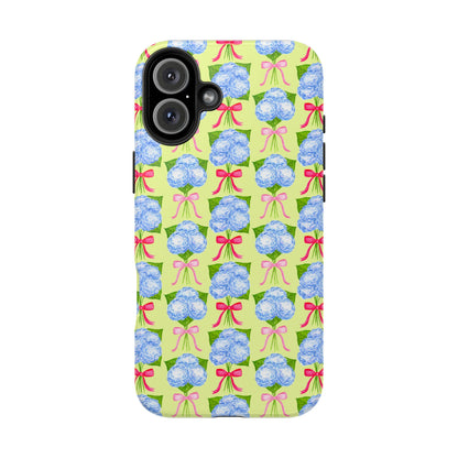 Watercolor Blue Hydrangea Bouquets with Hot Pink and Light Pink Bow Ribbons Illustrated Pattern Yellow Tough Phone Case | Various Models