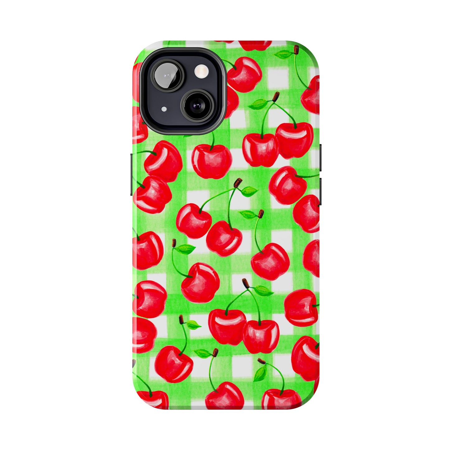 Red Tossed Cherries Green Gingham Watercolor Illustrated Tough Phone Case | Various Models Available