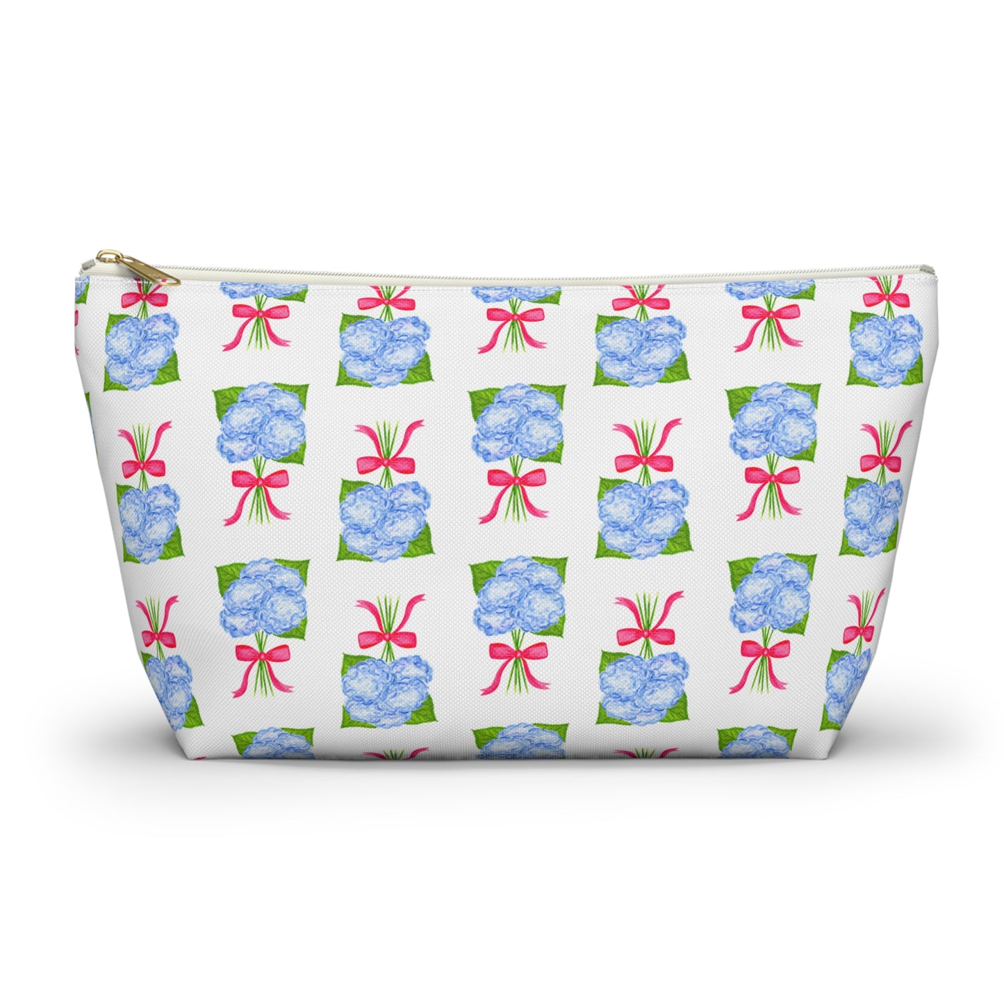 Blue Hydrangea Bouquets with Hot Pink Bows Watercolor Illustrated Printed Accessory Pouch T-Bottom | Large or Small Large White zipper