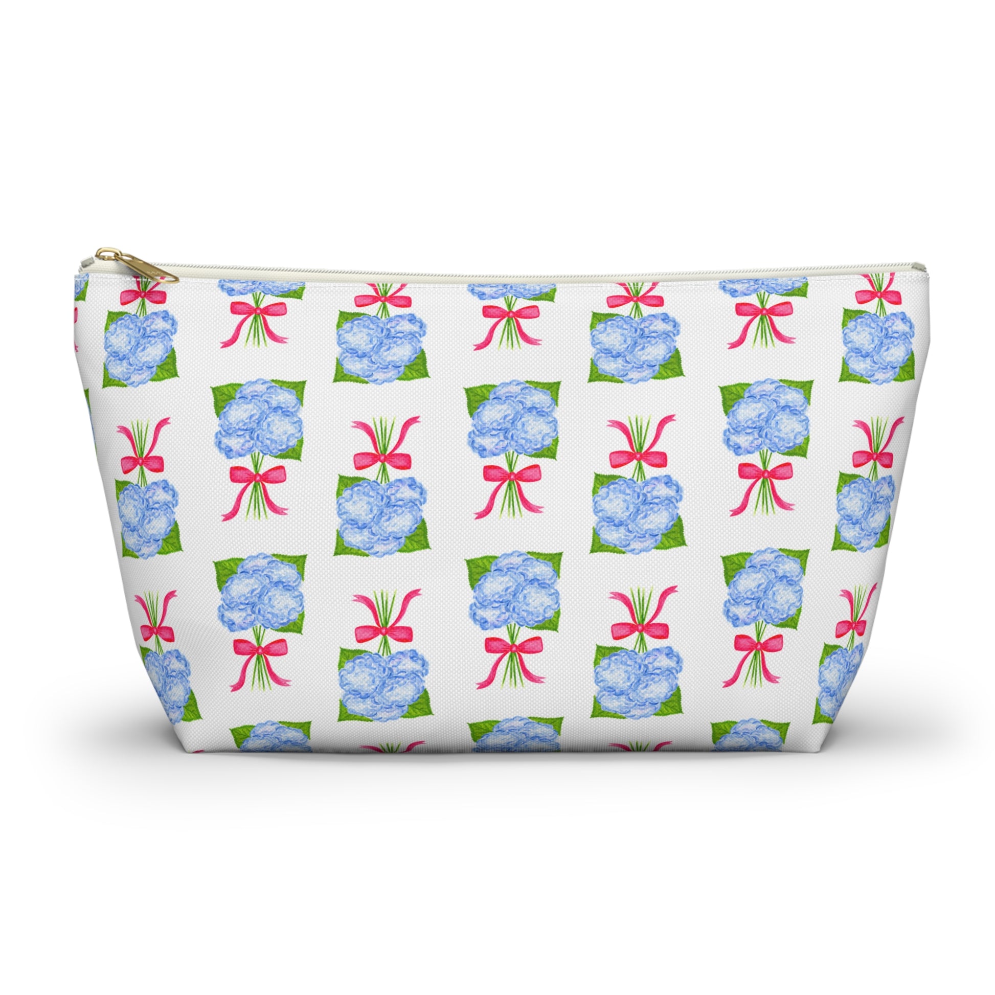 Blue Hydrangea Bouquets with Hot Pink Bows Watercolor Illustrated Printed Accessory Pouch T-Bottom | Large or Small Large White zipper