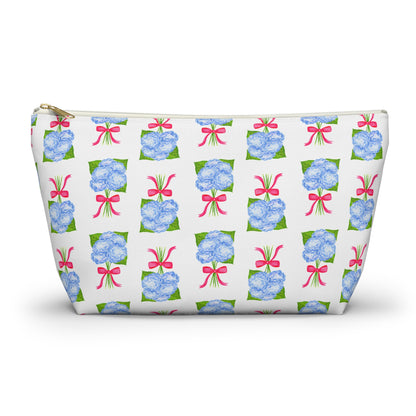 Blue Hydrangea Bouquets with Hot Pink Bows Watercolor Illustrated Printed Accessory Pouch T-Bottom | Large or Small Large White zipper