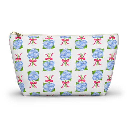 Blue Hydrangea Bouquets with Hot Pink Bows Watercolor Illustrated Printed Accessory Pouch T-Bottom | Large or Small Large White zipper