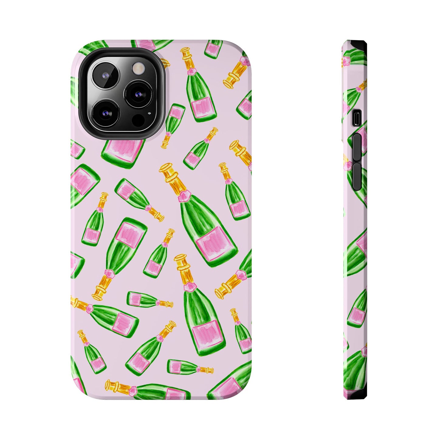 Tossed Pink and Green Watercolor Illustrated Champagne Bottles Pattern Blush Pink Tough Phone Case | Various Models