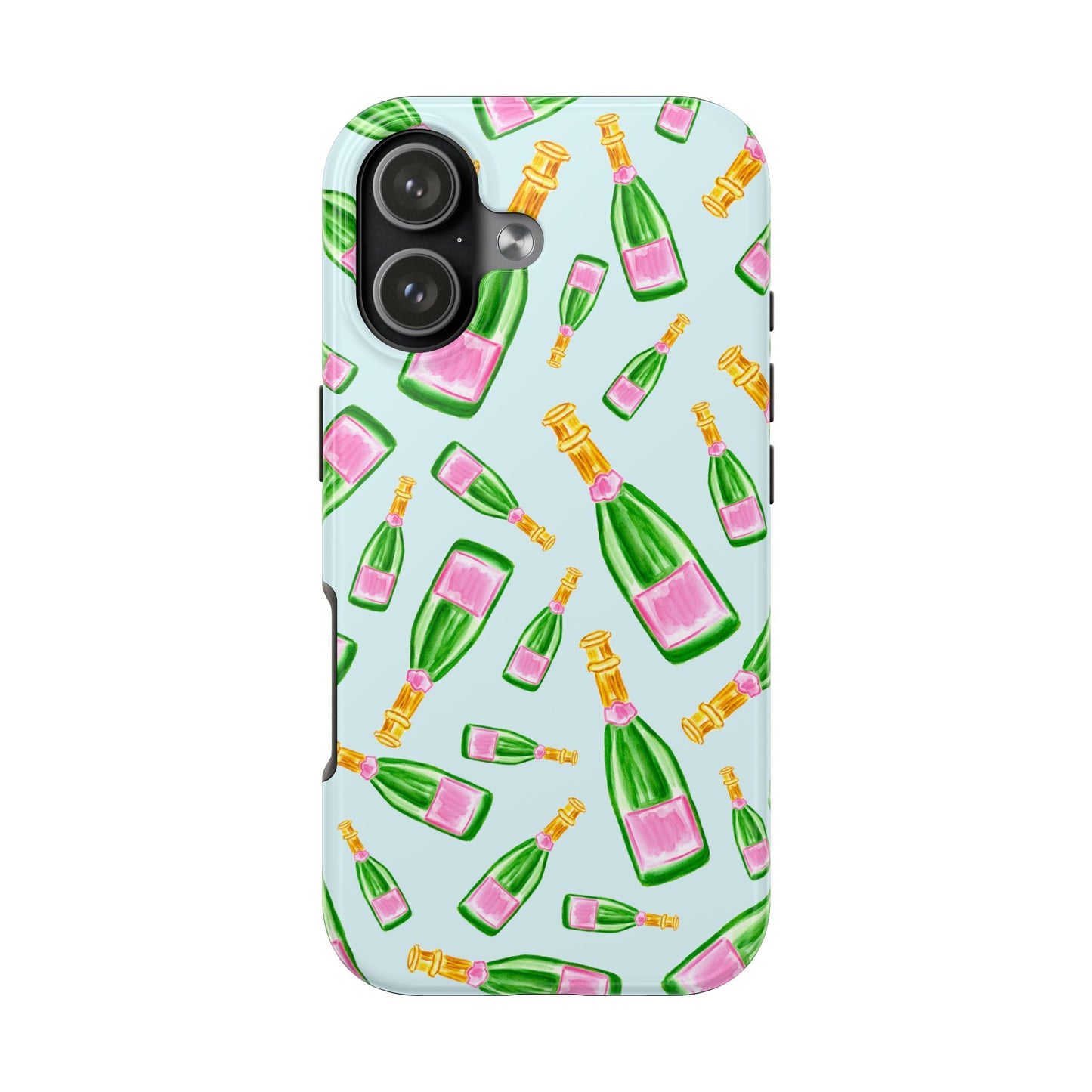 Tossed Pink and Green Watercolor Illustrated Champagne Bottles Pattern Light Blue Tough Phone Case | Various Models