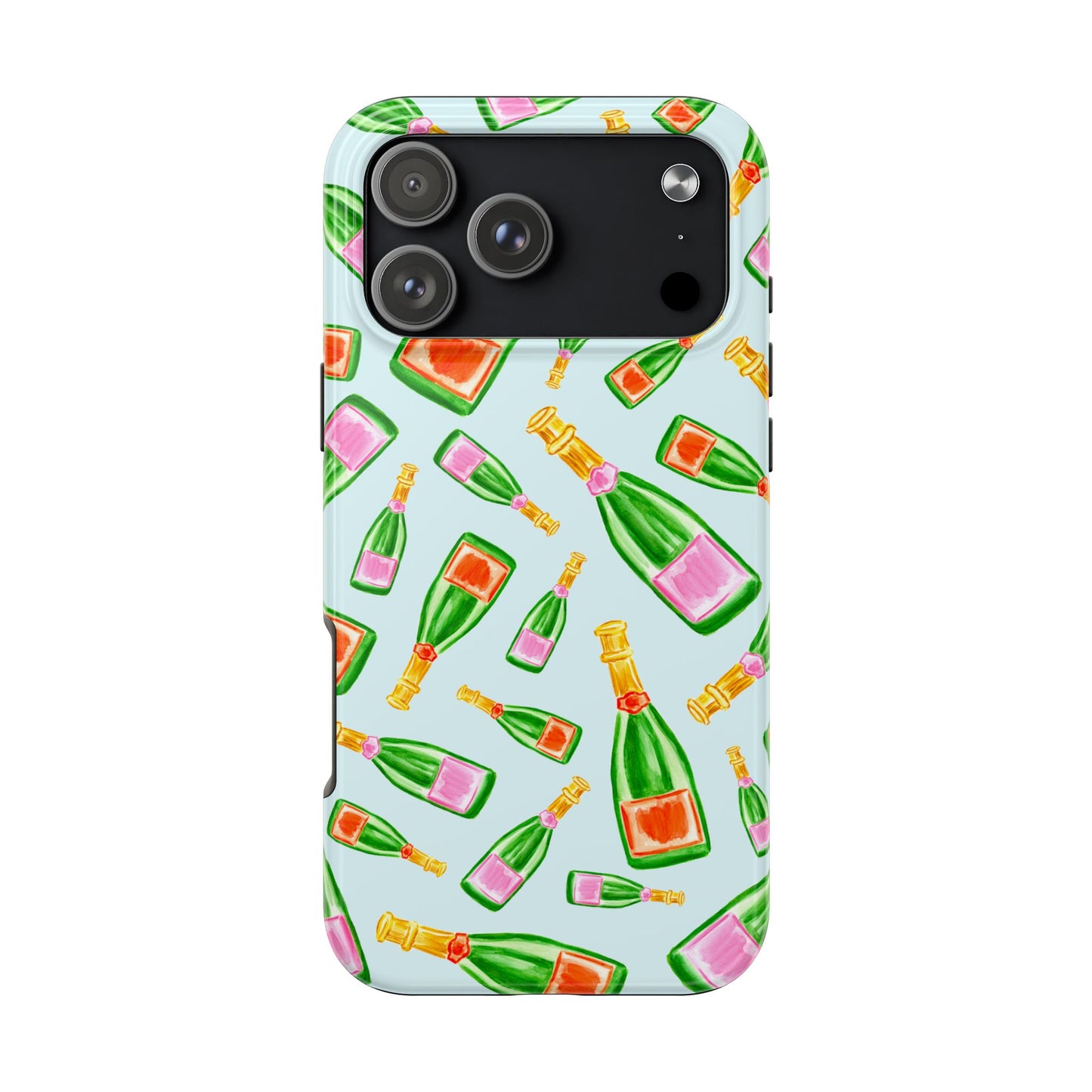 Tossed Pink and Green & Orange and Green Watercolor Illustrated Champagne Bottles Pattern Light Blue Tough Phone Case | Various Models