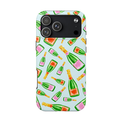 Tossed Pink and Green & Orange and Green Watercolor Illustrated Champagne Bottles Pattern Light Blue Tough Phone Case | Various Models
