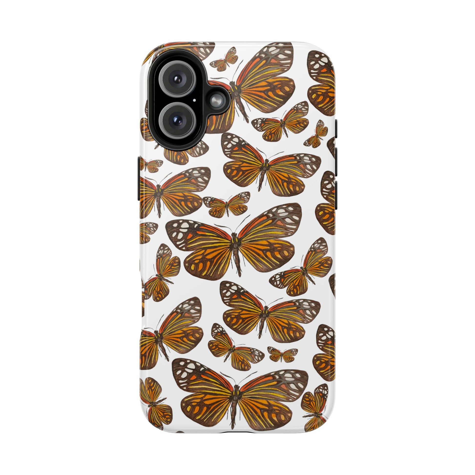 Black & Orange Butterfly Watercolor Illustrated Tossed Pattern Tough Phone Case | Various Models iPhone 16 Plus