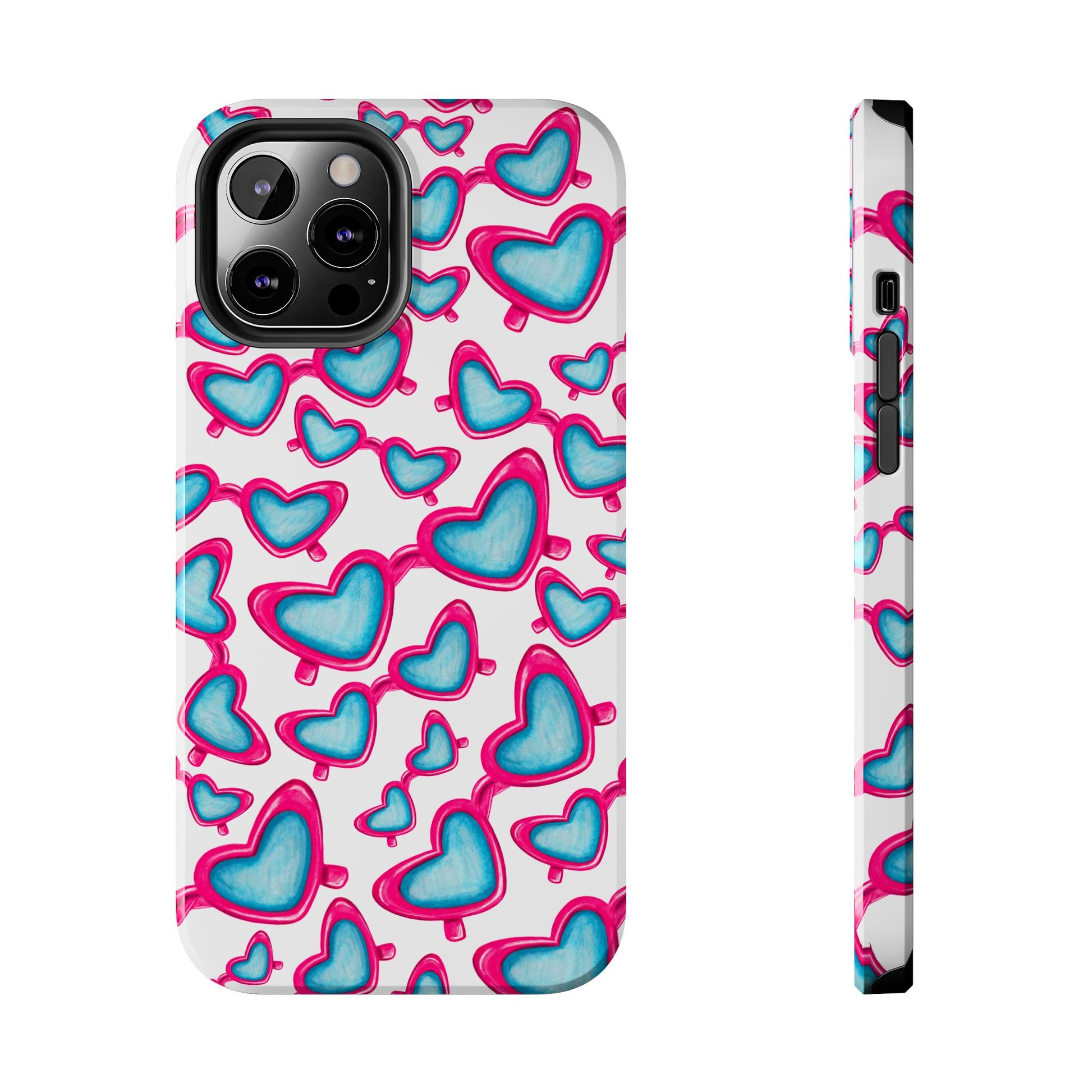 Pink & Blue Heart Shaped Sunglasses Watercolor Illustrated Tossed Pattern Tough Case | Various Models iPhone 12 Pro Max