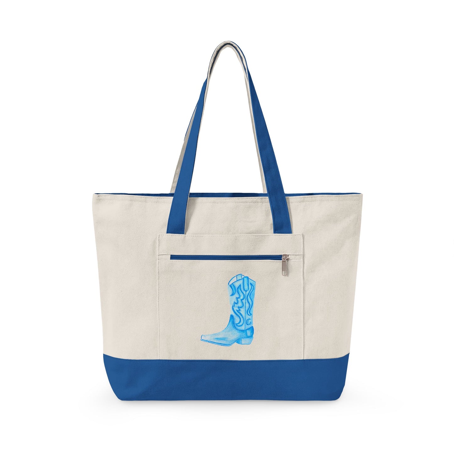 Light Blue Cowboy Boot Watercolor Printed Zippered Canvas Tote 18" x 14" | Various Colors