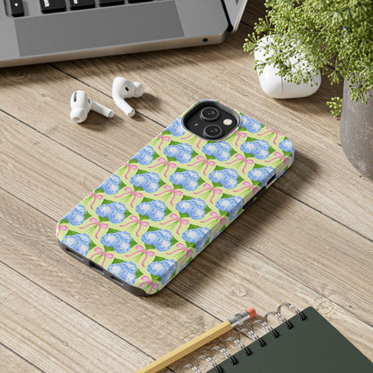 Blue Watercolor Hydrangea Bouquets with Light Pink Bows Watercolor Illustrated Patterned Yellow Tough Phone Case | Various Models