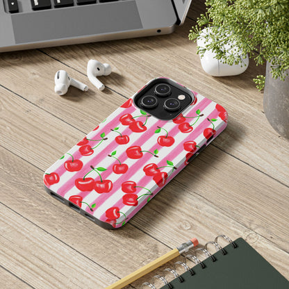 Tossed Red Watercolor Cherries Illustrated Pattern Light Pink Stripes Tough Phone Case | Various Models