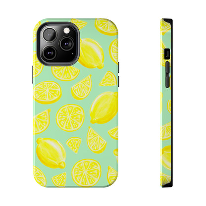 Bright Yellow Lemons Watercolor Illustrated Tossed Pattern Mint Green Tough Phone Case | Various Models